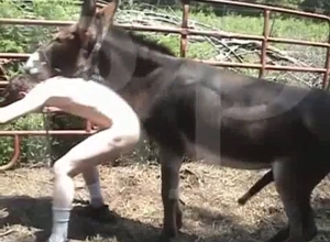 Farmer with a skinny body having sex with his pony